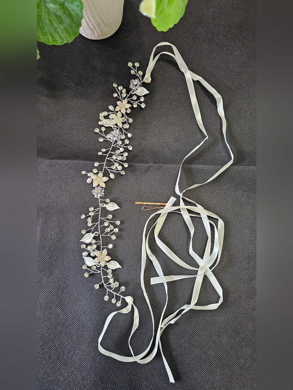 Bridal Ribbon Hair Vine with Pearls and Crystals - Ivory - Picture 2 of 6